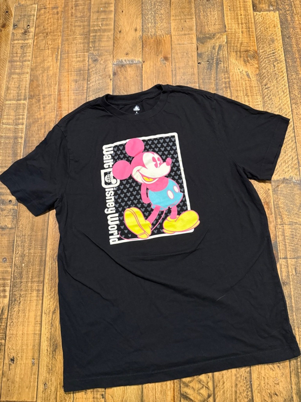 Disney Black Short Sleeve T‑Shirt with Pink & Yellow Mickey Graphic